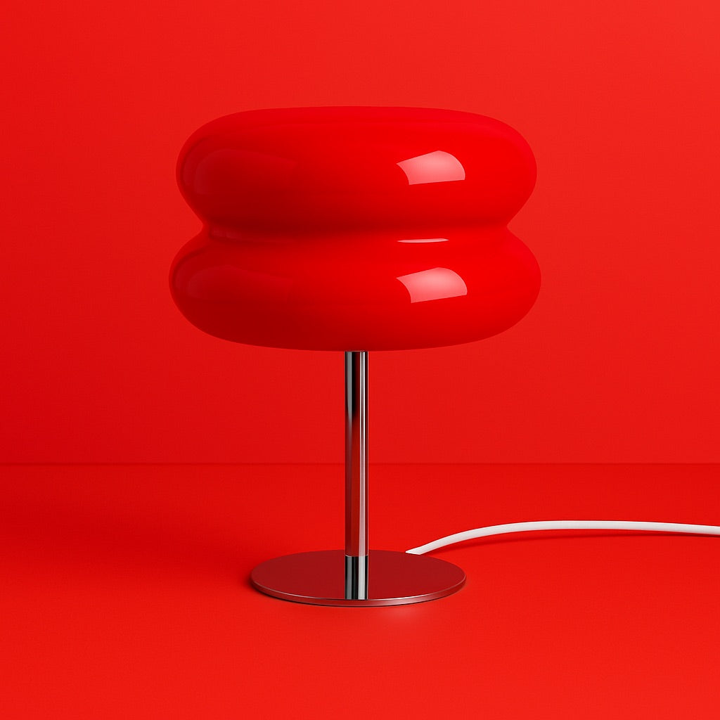 GlowPop Red LED dimmable bedside table lamp with bold sculptural glass design