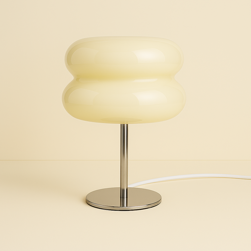 Neutral beige sculptural glass lamp by GlowPop, LED dimmable and perfect for bedside or accent tables