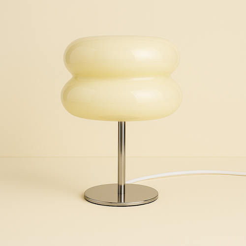 Neutral beige sculptural glass lamp by GlowPop, LED dimmable and perfect for bedside or accent tables