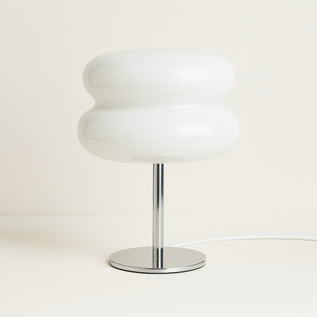 Glossy white GlowPop Electric Daisy lamp with rounded top. LED lamp