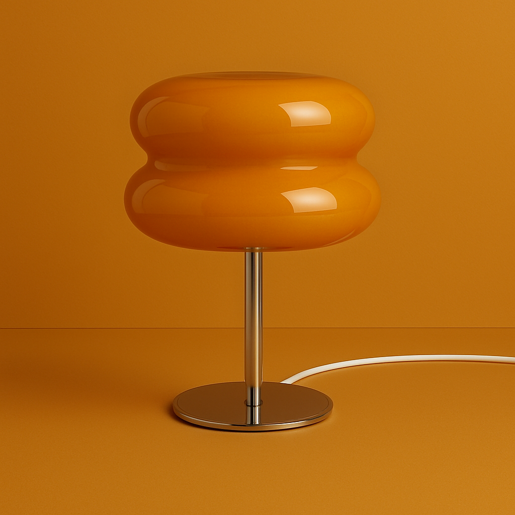 Warm amber orange sculptural glass lamp by GlowPop, LED dimmable for nightstands or side tables