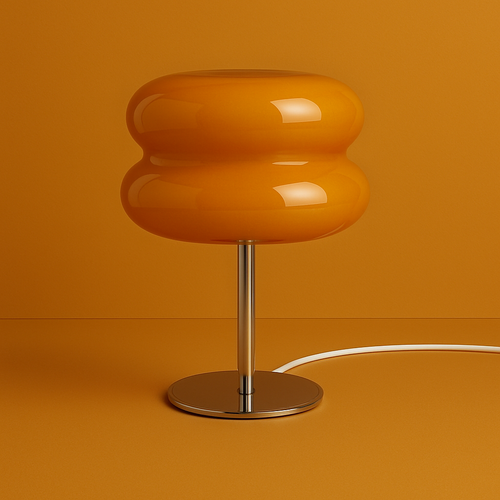 Warm amber orange sculptural glass lamp by GlowPop, LED dimmable for nightstands or side tables