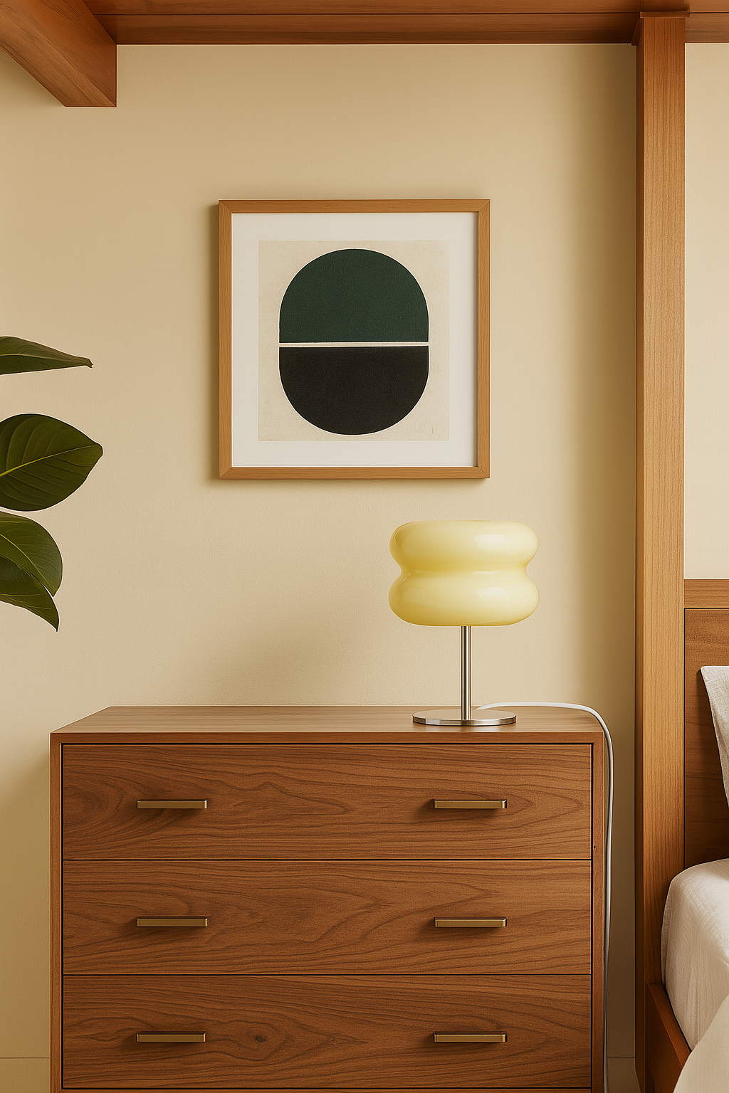 Neutral beige sculptural GlowPop lamp styled in a retro Palm Springs living space with warm tones