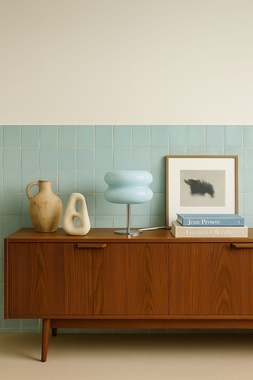 Glacier blue lamp on walnut credenza with minimalist decor