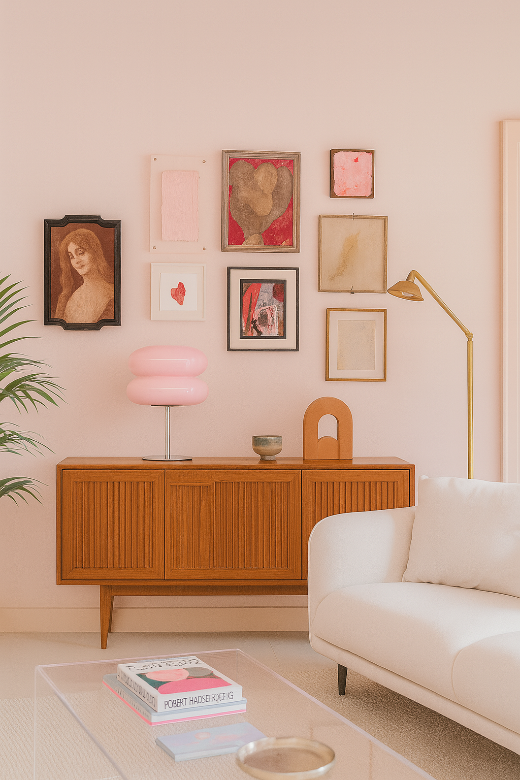 GlowPop Pink LED dimmable lamp on a mid-century credenza in a playful Palm Springs-style room