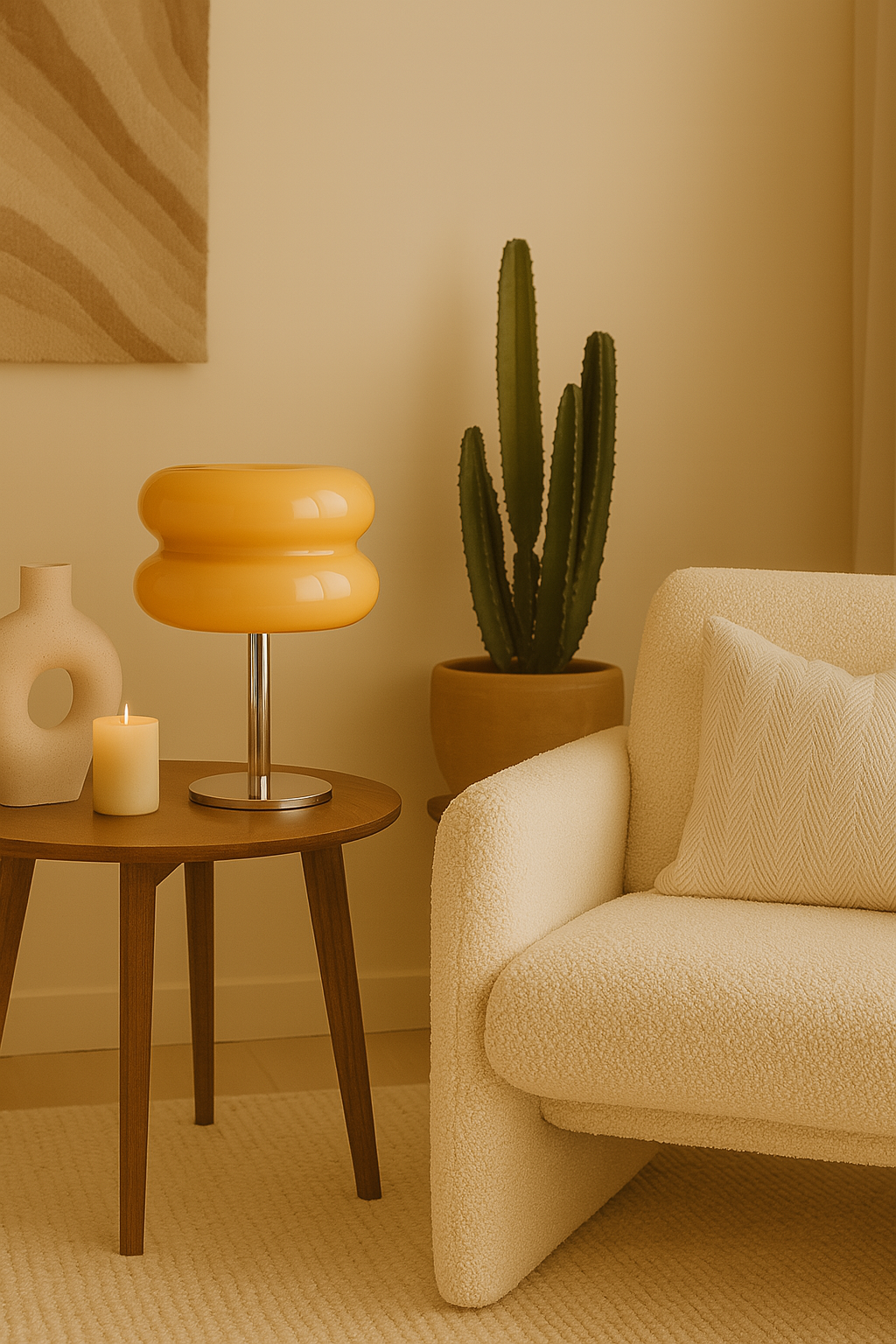 Amber honeycomb lamp on mid-century credenza with stacked decor books