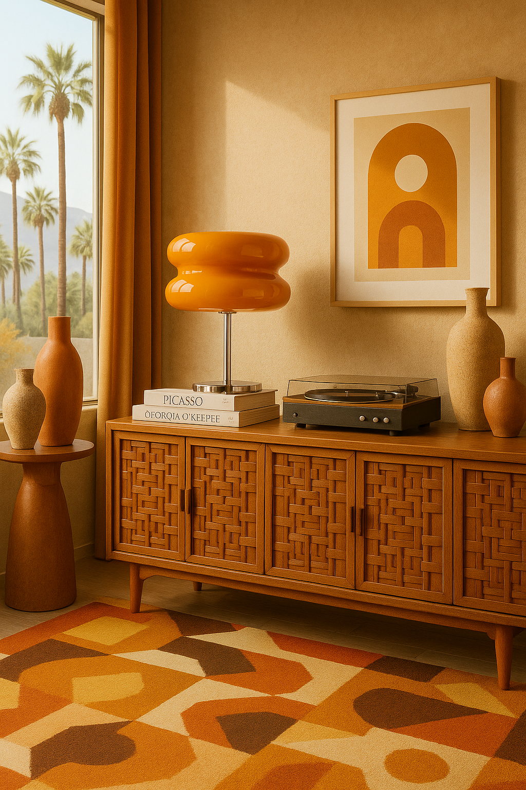 GlowPop Amber Orange LED dimmable bedside table lamp on a mid-century credenza in a Palm Springs-style home