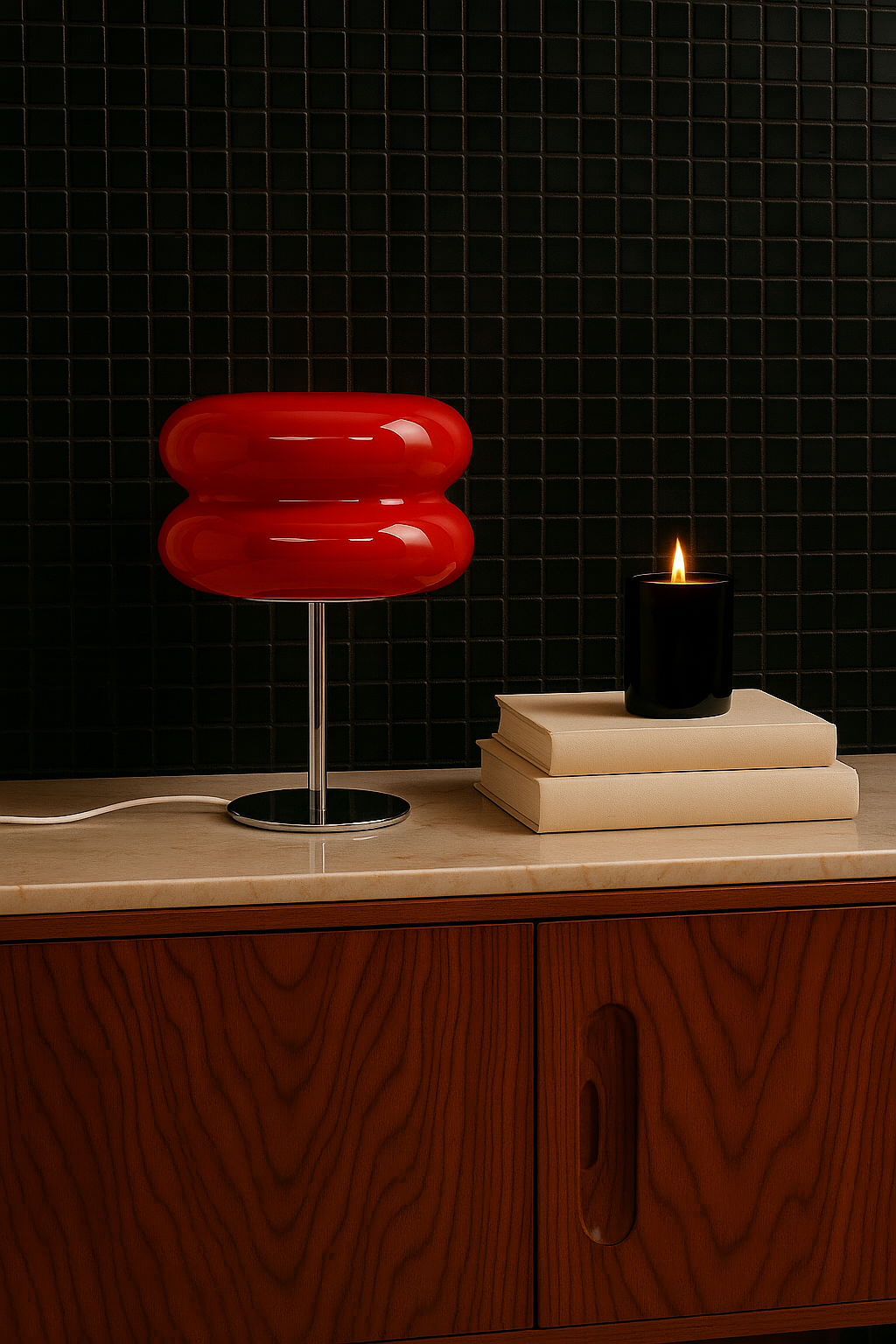 Modern sculptural table lamp by GlowPop in glossy red glass with LED dimmable lighting